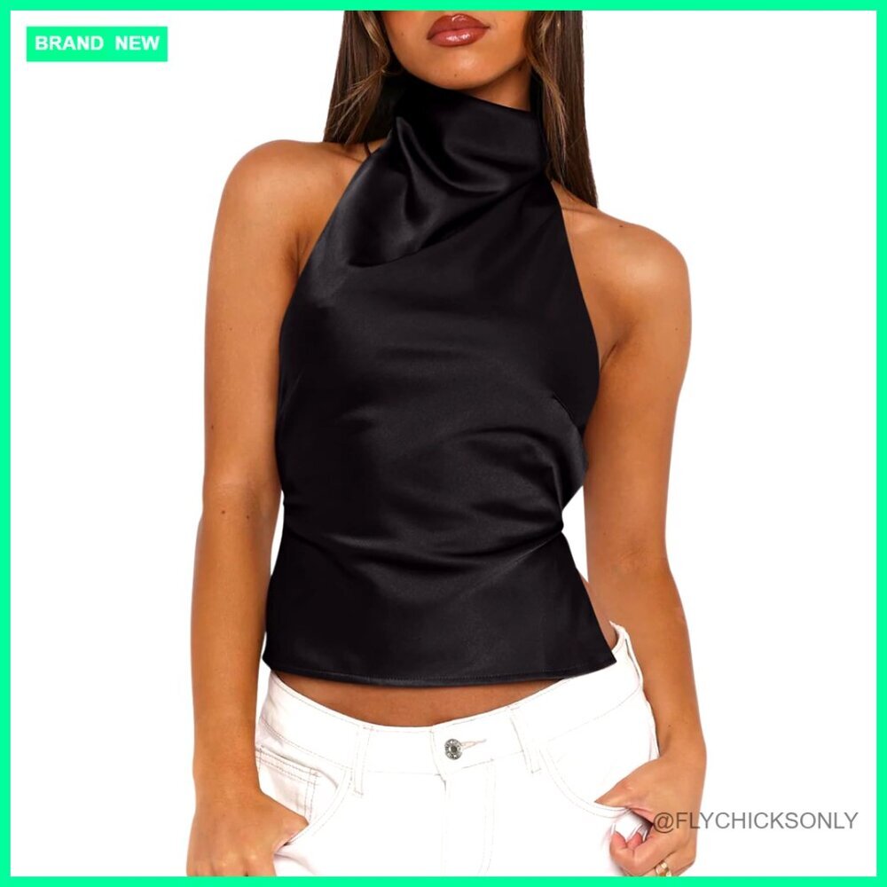 Satin Halter Tank Top Backless Cropped Mock Neck Going Out Top
